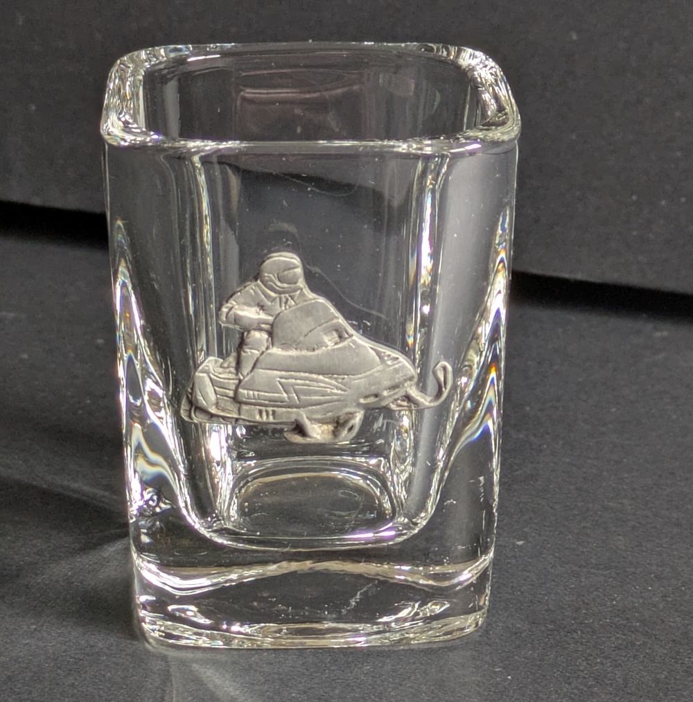 Collectible Snowmobile Shot Glass Clear Pewter Emblem Great Gift Barware